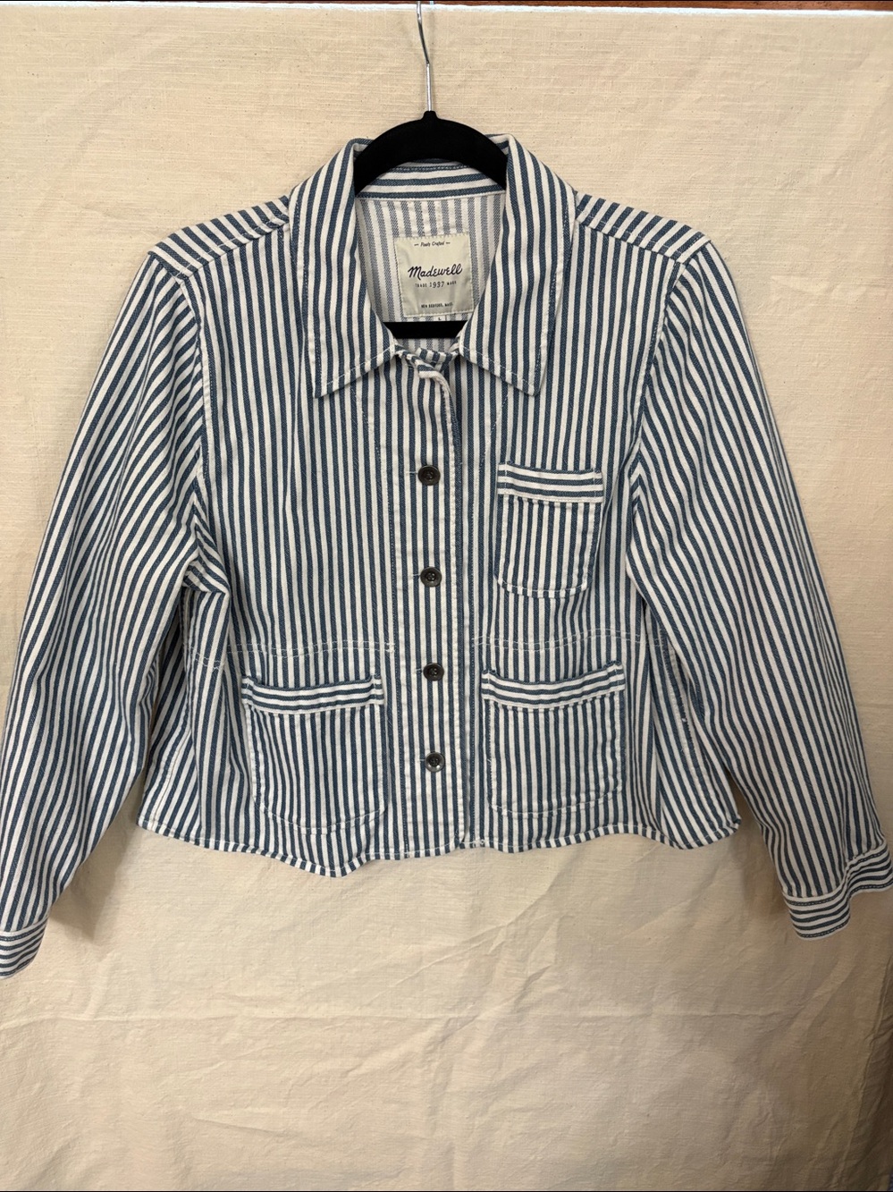Madewell crop denim jacket size large blue and cream stripe